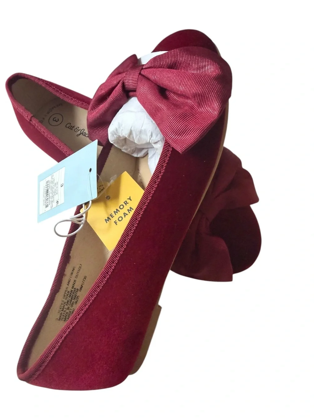 Cat & Jack Perla Burgundy Velvet Bow Ballet Flats NWT Size 3